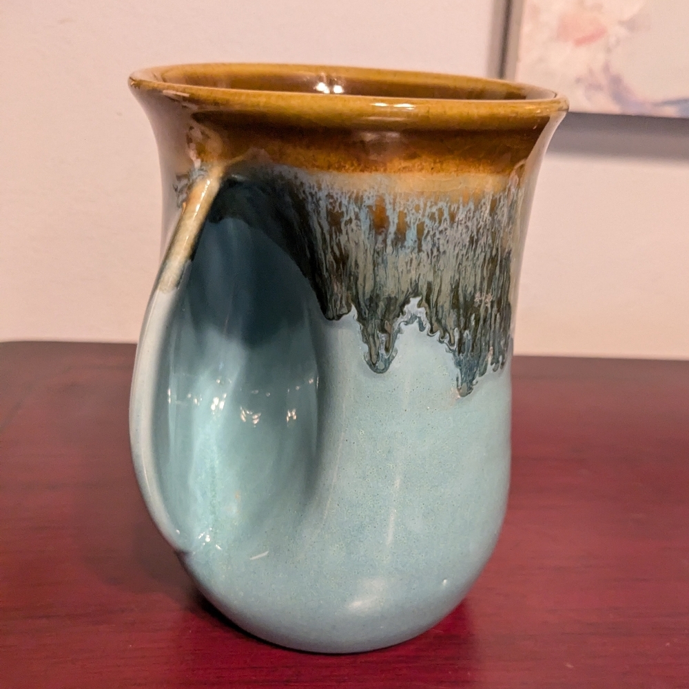 Neher Handmade Left-Handed Blue & Brown Drip Glaze Pottery Mug 2012 Hand Warmer